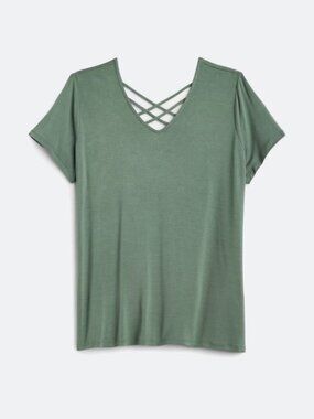 Market & Spruce | Olive Green Criss Cross Back Knit Short Sleeve Tee | 1X